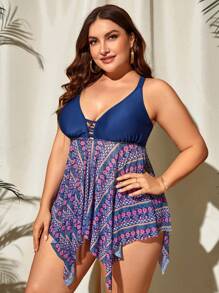 Plus Size Geo Print Asymmetrical Hem Tankini Summer Beach - Multicolor - View 4