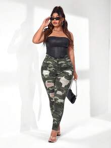 SHEIN Jeans ajustados desgarro con estampado de camuflaje - Multicolor - Ver 5