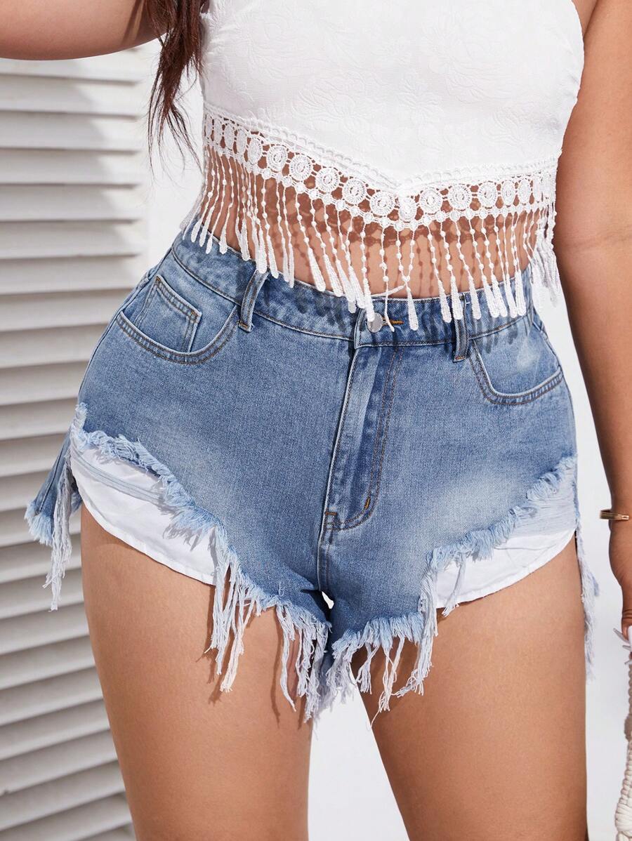 SHEIN Essnce Plus Ripped Raw Hem Denim Shorts - Light Wash - View 1