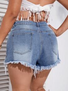 SHEIN Essnce Plus Ripped Raw Hem Denim Shorts - Light Wash - View 2