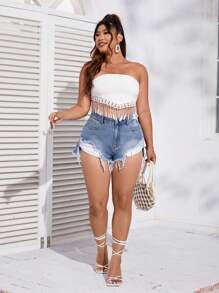 SHEIN Essnce Plus Ripped Raw Hem Denim Shorts - Light Wash - View 3