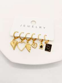6pcs/set Heart & Square Drop Earrings - Yellow Gold - View 1