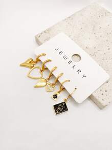6pcs/set Heart & Square Drop Earrings - Yellow Gold - View 4