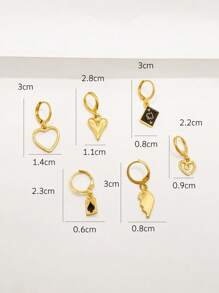 6pcs/set Heart & Square Drop Earrings - Yellow Gold - View 5
