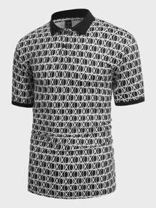Manfinity Men Allover Print Contrast Trim Polo Shirt - Black and White - View 1