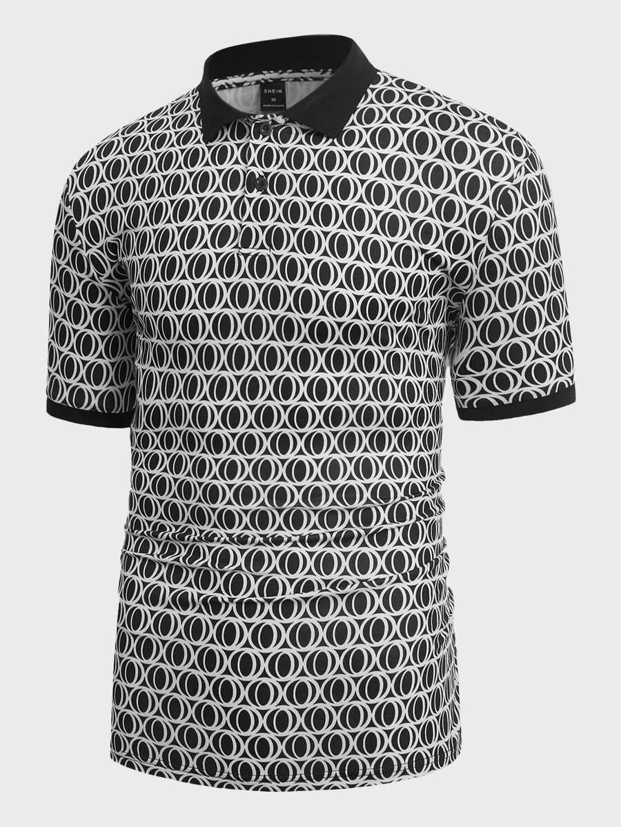 Manfinity Men Allover Print Contrast Trim Polo Shirt - Black and White - View 1