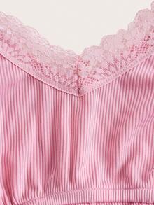 蕾絲拼接吊帶背心和短褲休閒套裝 - 粉色 - 查看 3