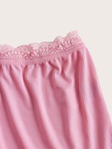 蕾絲拼接吊帶背心和短褲休閒套裝 - 粉色 - 查看 4