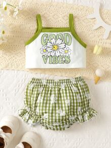 Baby Floral & Letter Graphic Contrast Binding Cami Top & Gingham Ruffle Trim Shorts - Green - View 1