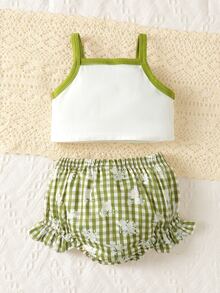 Baby Floral & Letter Graphic Contrast Binding Cami Top & Gingham Ruffle Trim Shorts - Green - View 2