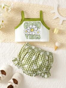 Baby Floral & Letter Graphic Contrast Binding Cami Top & Gingham Ruffle Trim Shorts - Green - View 3