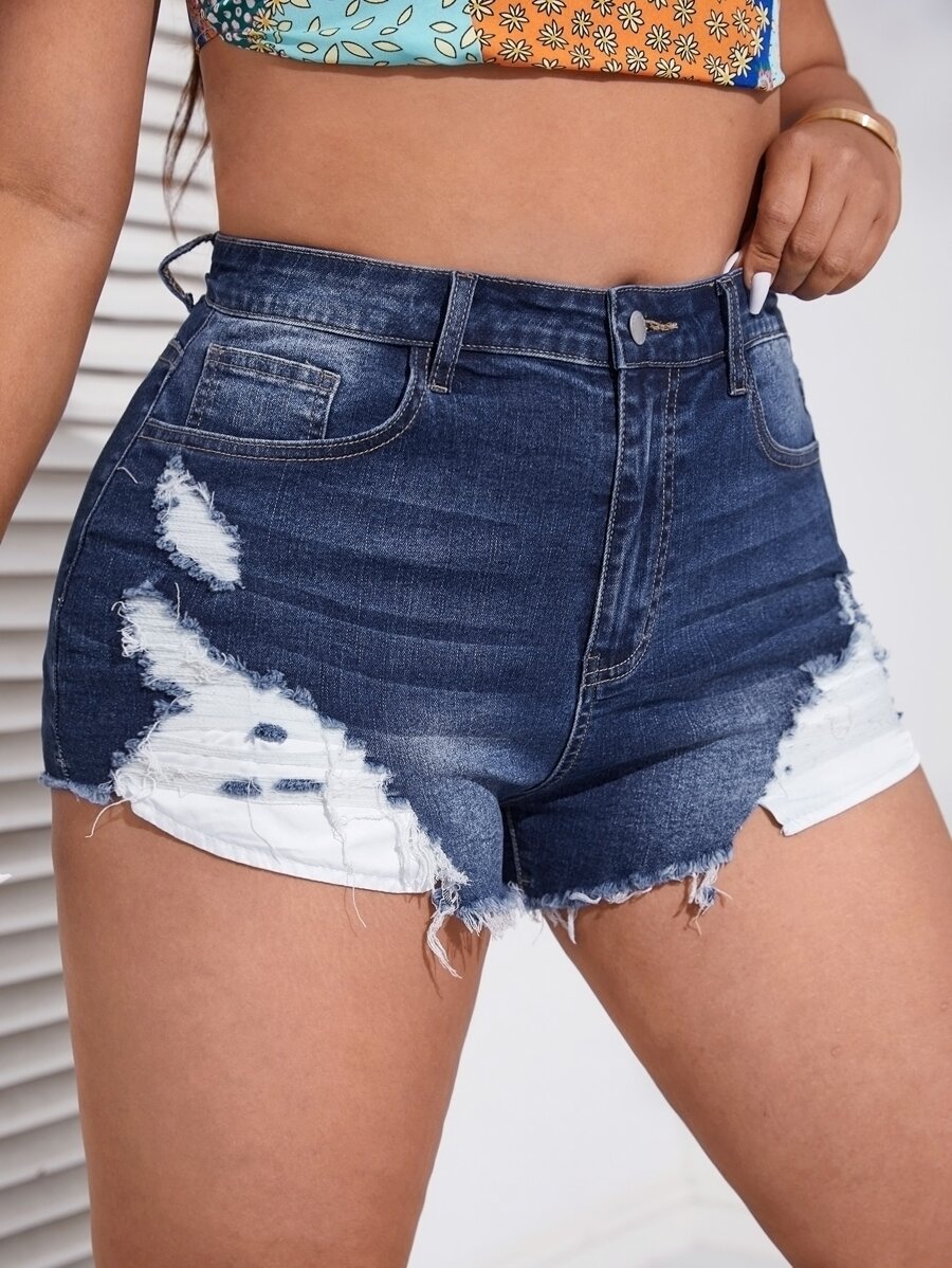 SHEIN Essnce Plus Ripped Raw Hem Denim Shorts - Dark Wash - View 1