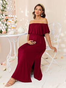 DEARCASE Maternity Off Shoulder Ruffle Trim Dress - Burgundy - View 1