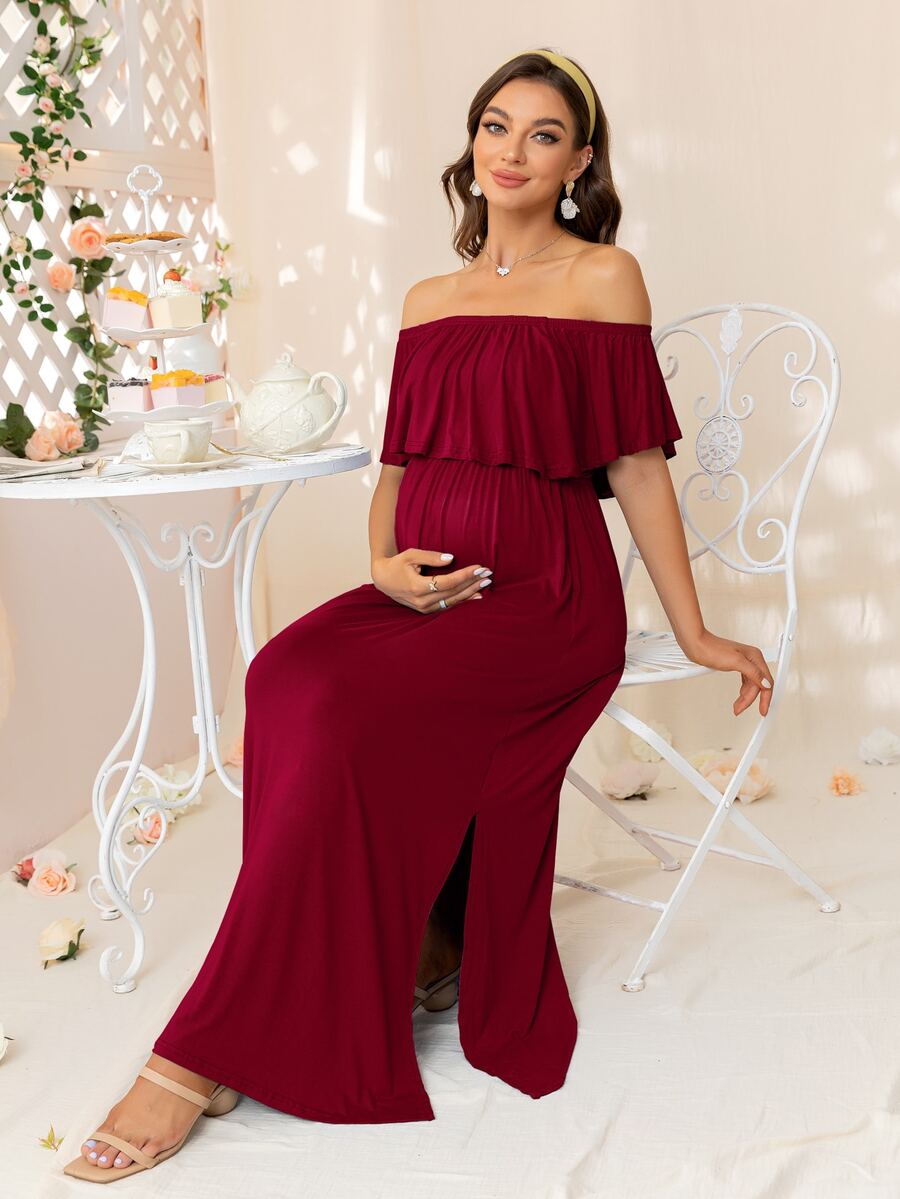 DEARCASE Maternity Off Shoulder Ruffle Trim Dress - Burgundy - View 1