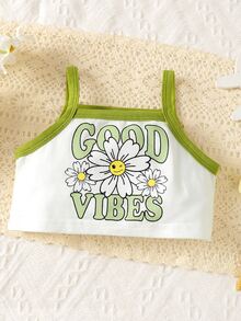 Baby Floral & Letter Graphic Contrast Binding Cami Top & Gingham Ruffle Trim Shorts - Green - View 4