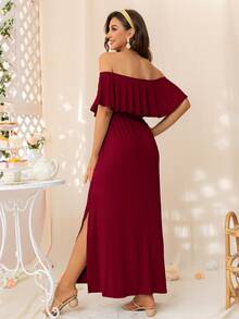 DEARCASE Maternity Off Shoulder Ruffle Trim Dress - Burgundy - View 2