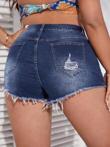 SHEIN Essnce Plus Ripped Raw Hem Denim Shorts - Dark Wash - View 2