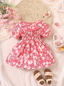 Baby Floral Print Ruffle Trim Puff Sleeve Shirred Bodice Dress - Pink - View 1