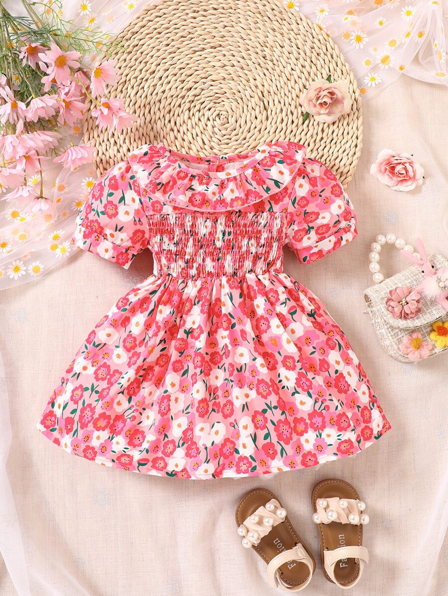 Baby Floral Print Ruffle Trim Puff Sleeve Shirred Bodice Dress - Pink - View 1