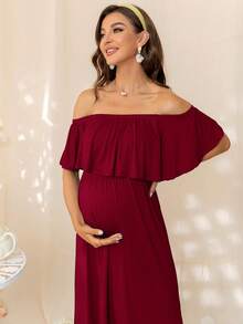 DEARCASE Maternity Off Shoulder Ruffle Trim Dress - Burgundy - View 3
