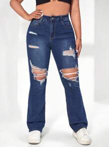 SHEIN ICON Jeans de pierna amplia desgarro - Azul lavado oscuro - Ver 1