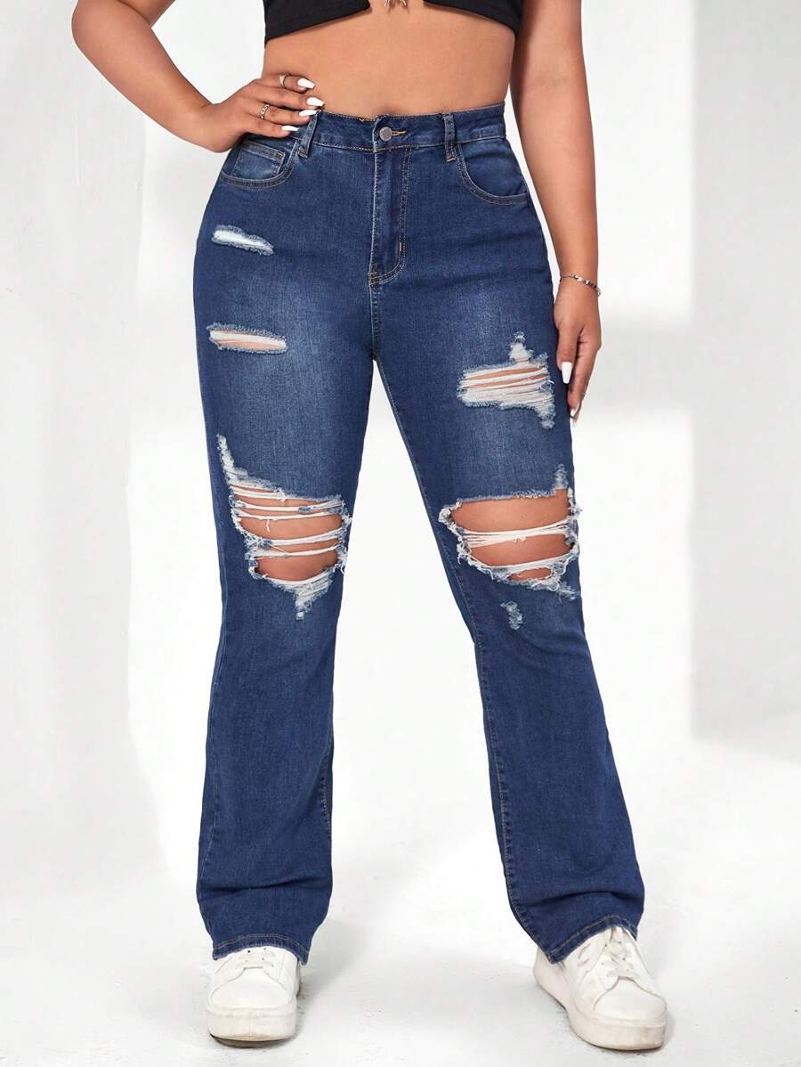 SHEIN ICON Jeans de pierna amplia desgarro - Azul lavado oscuro - Ver 1