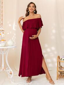 DEARCASE Maternity Off Shoulder Ruffle Trim Dress - Burgundy - View 4