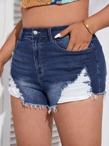 SHEIN Essnce Plus Ripped Raw Hem Denim Shorts - Dark Wash - View 3