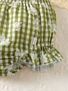 Baby Floral & Letter Graphic Contrast Binding Cami Top & Gingham Ruffle Trim Shorts - Green - View 6