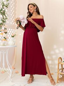 DEARCASE Maternity Off Shoulder Ruffle Trim Dress - Burgundy - View 5