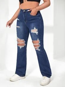 SHEIN ICON Jeans de pierna amplia desgarro - Azul lavado oscuro - Ver 2