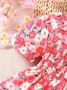 Baby Floral Print Ruffle Trim Puff Sleeve Shirred Bodice Dress - Pink - View 3