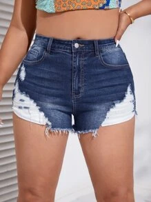 SHEIN Essnce Plus Ripped Raw Hem Denim Shorts - Dark Wash - View 5