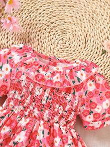 Baby Floral Print Ruffle Trim Puff Sleeve Shirred Bodice Dress - Pink - View 4