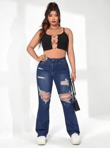 SHEIN ICON Jeans de pierna amplia desgarro - Azul lavado oscuro - Ver 4