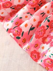 Baby Floral Print Ruffle Trim Puff Sleeve Shirred Bodice Dress - Pink - View 5