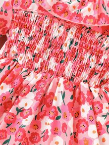 Baby Floral Print Ruffle Trim Puff Sleeve Shirred Bodice Dress - Pink - View 6