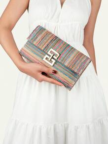 Vacation Straw Bag Striped Turn Lock Flap - Multicolor - View 1