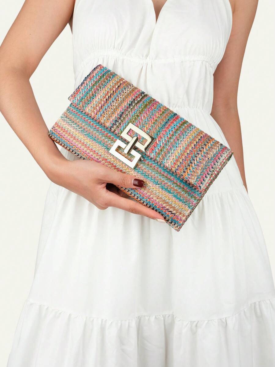 Vacation Straw Bag Striped Turn Lock Flap - Multicolor - View 1