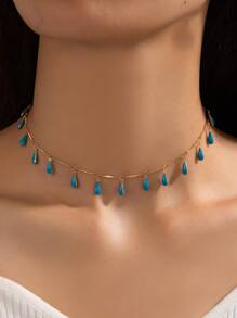 imoli 1 chiếc vòng cổ choker tua rua nhỏ giọt bằng hợp kim kẽm tối giản dành cho nữ, quà tặng (Dây chuyền thủ công tùy chỉnh theo kích cỡ. Số lượng mặt dây chuyền thay đổi, Màu sắc nhỏ giọt có thể khác một chút do màu thủ công và thay đổi theo lô) - Màu xanh lam - Xem 2