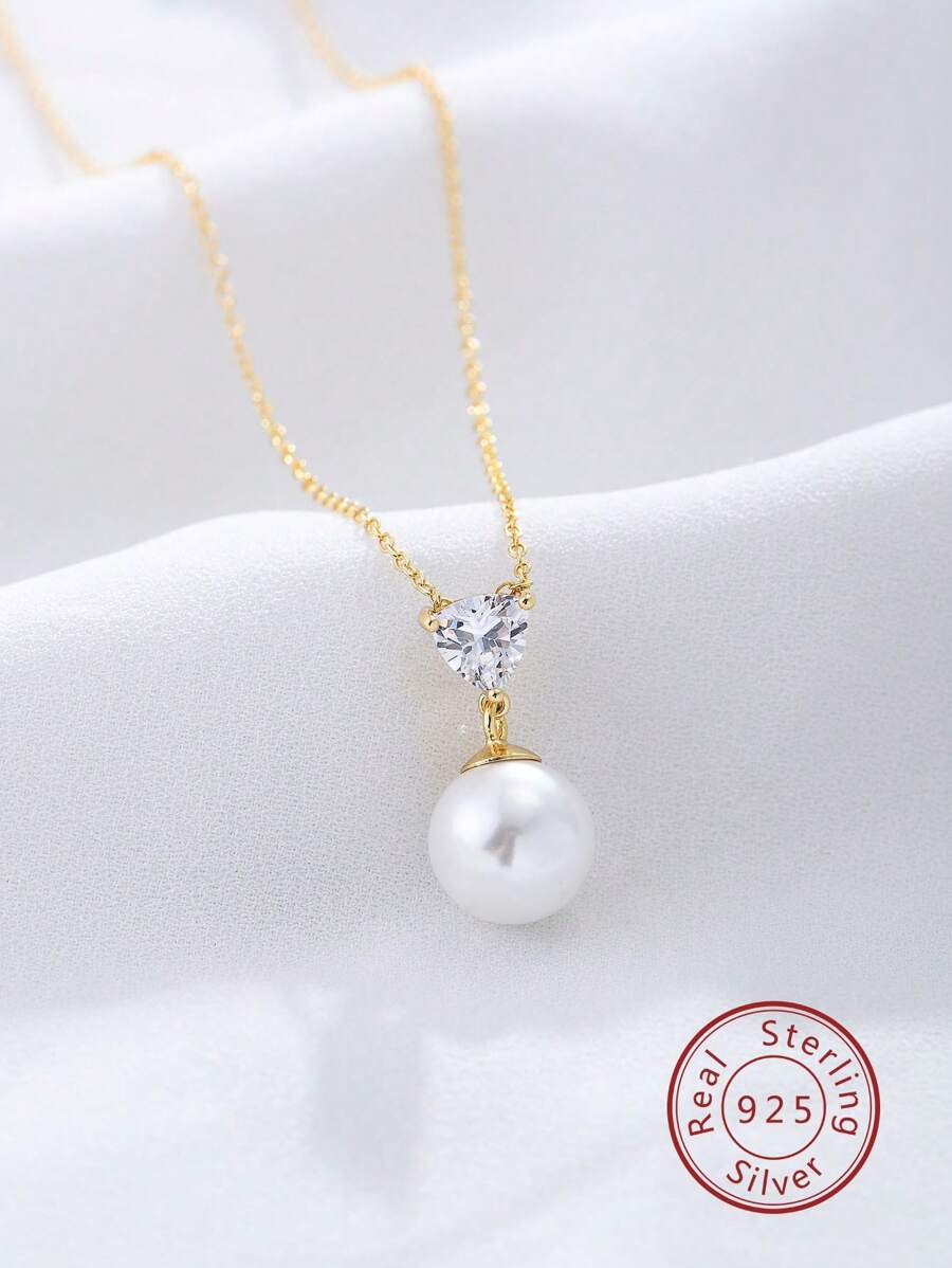 仿珍珠和水钻装饰银项链 - 金色 - 查看 1