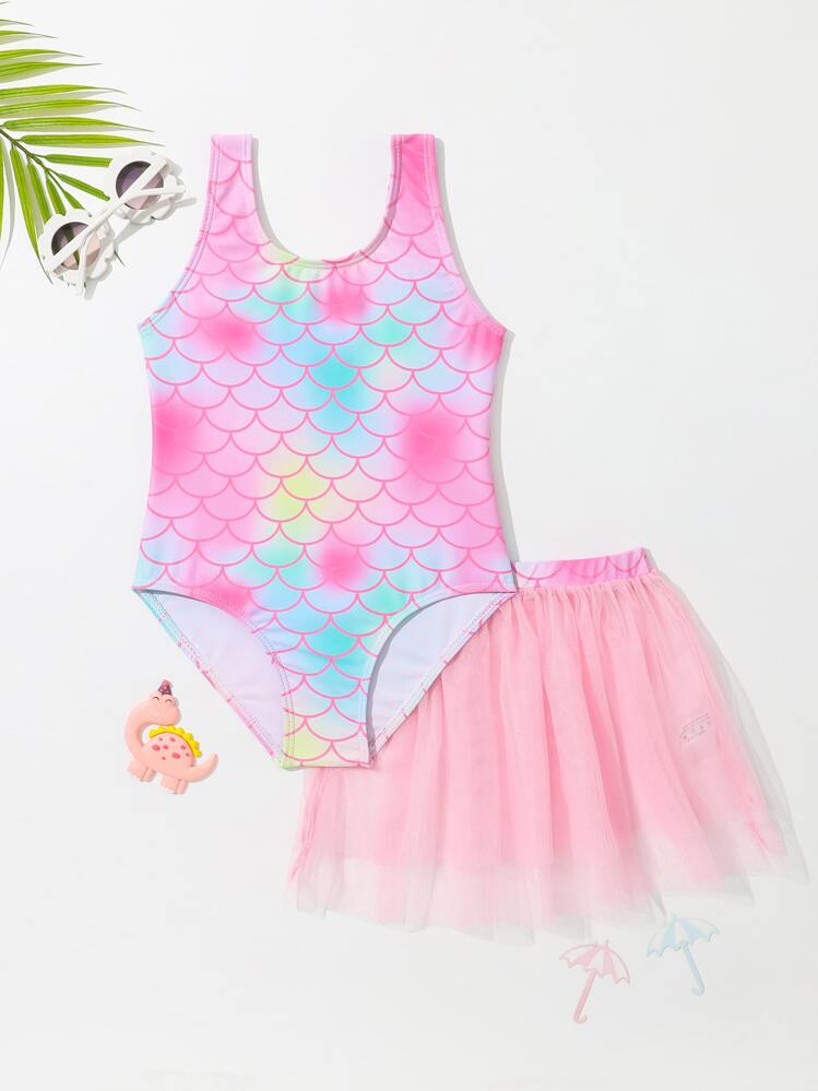 Maillot De Bain 3 Pièces Fille Princesse – Tankini Jupe Longue Queue Volants Imprimé Écailles De Poisson – Costume Sirène Enfant Natation Été