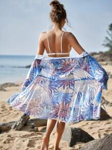 Kimono con estampado tropical bajo con fruncido con cinturón - Multicolor - Ver 1