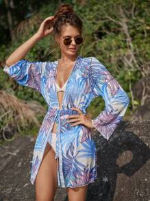 Kimono con estampado tropical bajo con fruncido con cinturón - Multicolor - Ver 2