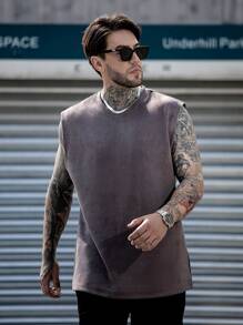 Men Solid Suedette Tank Top - Dark Grey - View 1