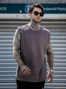 Men Solid Suedette Tank Top - Dark Grey - View 3