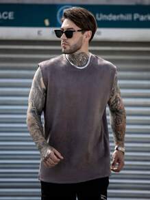 Men Solid Suedette Tank Top - Dark Grey - View 4