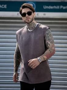 Men Solid Suedette Tank Top - Dark Grey - View 5