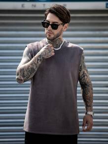 Men Solid Suedette Tank Top - Dark Grey - View 6