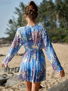 Kimono con estampado tropical bajo con fruncido con cinturón - Multicolor - Ver 7